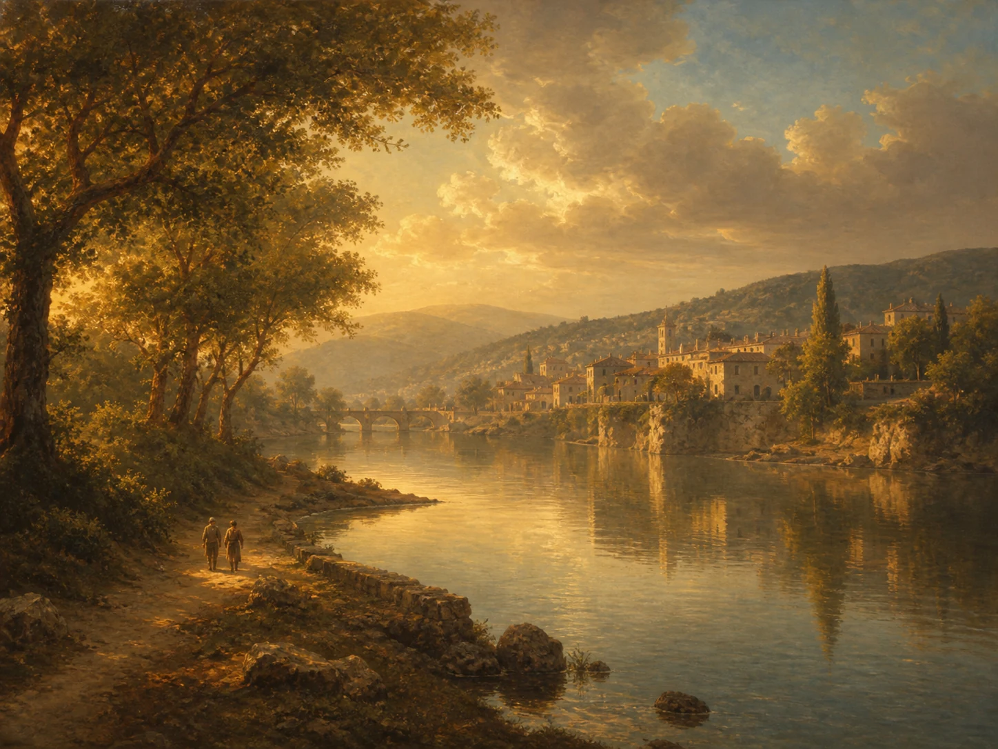 Classical-style riverside landscape in warm golden light