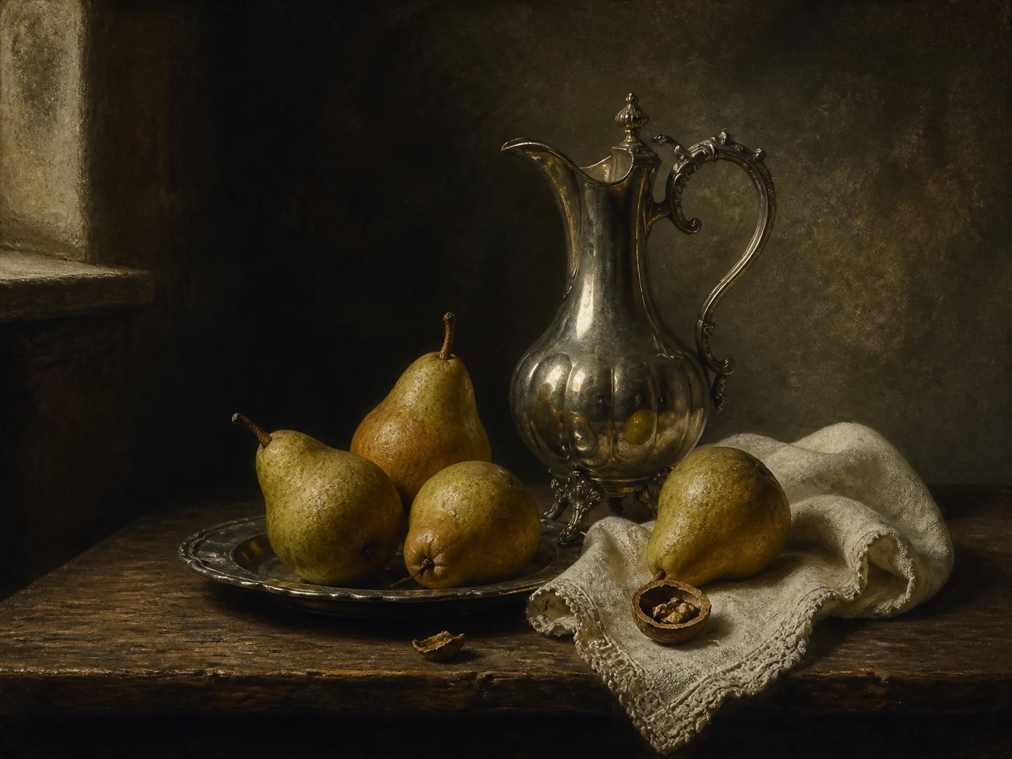 Classical-style still life with pears, silver ewer, linen, and walnuts