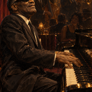A pianist in dark sunglasses plays in an amber-lit jazz club with a bassist and brass musician behind him.