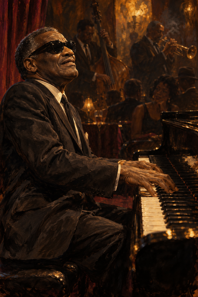 A pianist in dark sunglasses plays in an amber-lit jazz club with a bassist and brass musician behind him.