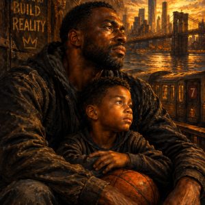 Father and son holding a basketball before a golden New York skyline, bridge, subway, and ancestral portraits.