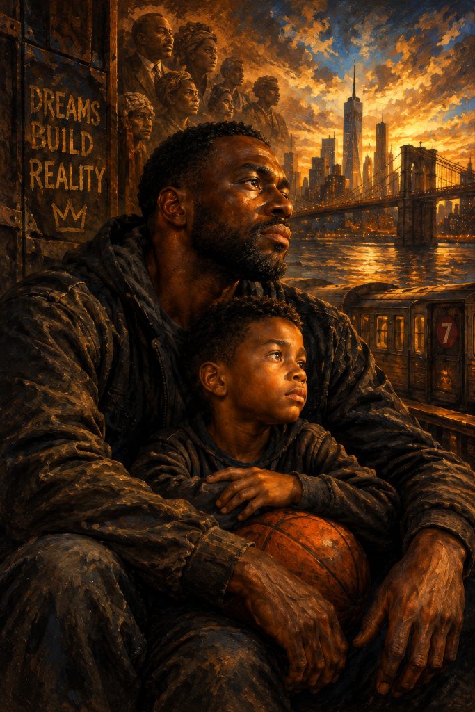 Father and son with a basketball before a golden New York skyline