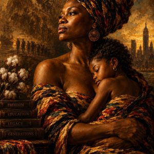 Mother holding a sleeping child, surrounded by ancestral portraits, books, and a golden city skyline.