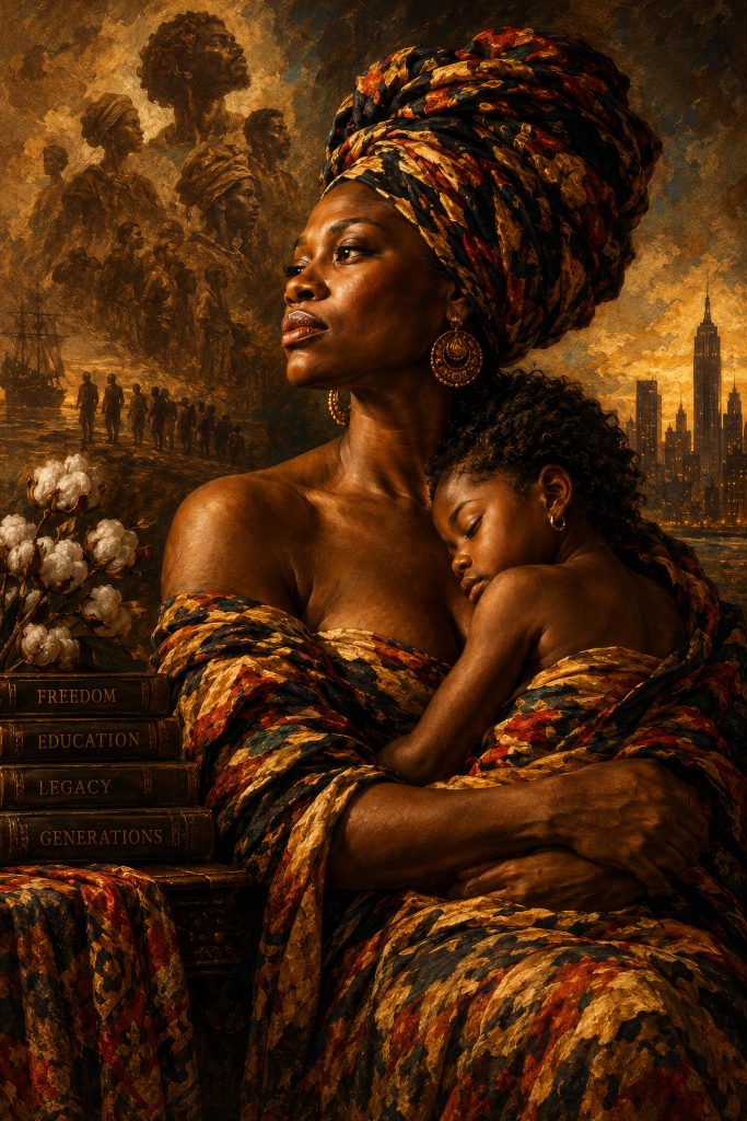 Generations of Grace: a mother holding a sleeping child, framed by ancestral portraits and a golden skyline