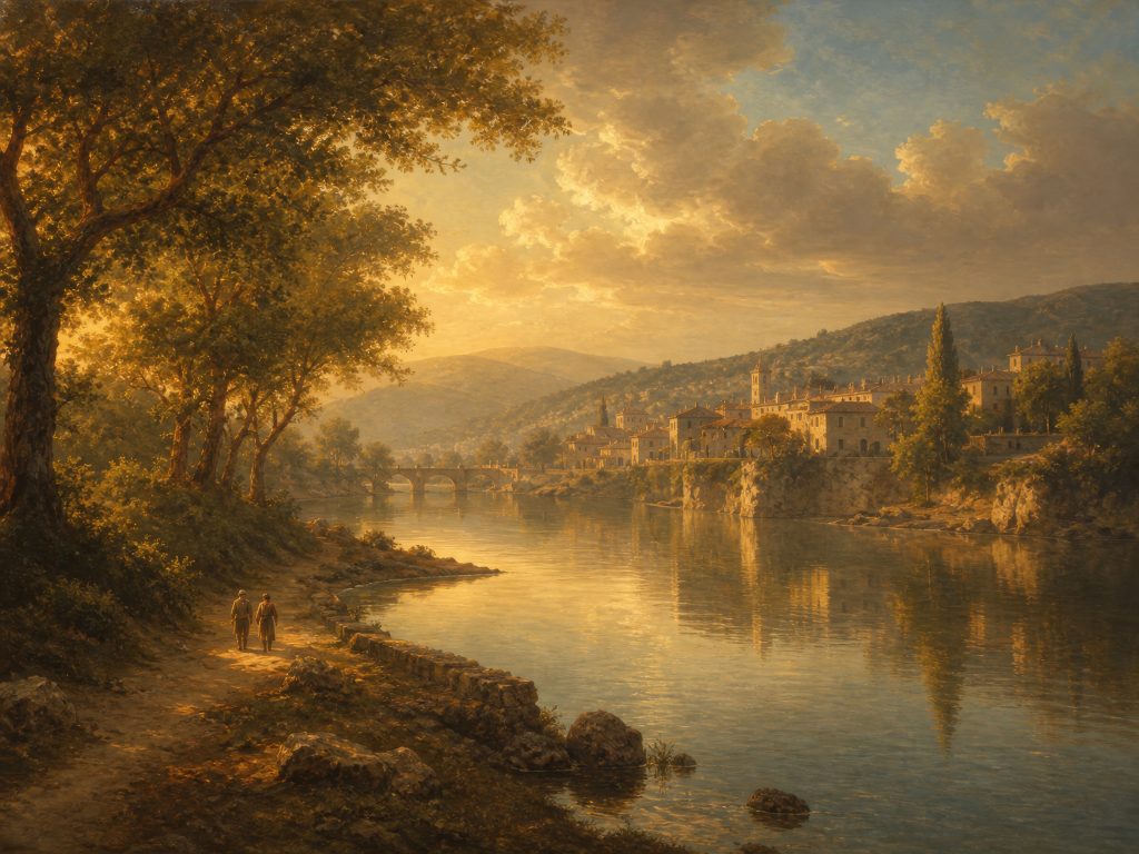 A riverside landscape glowing in the warm evening light